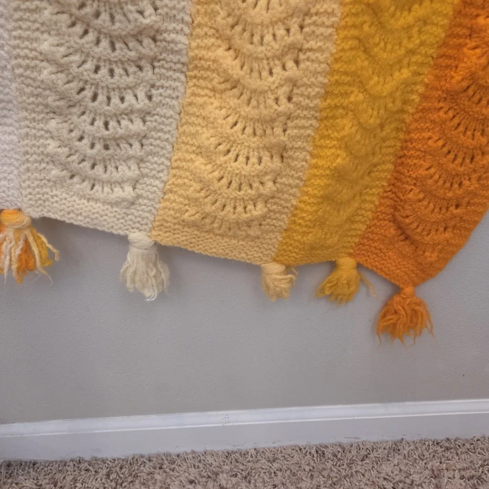 VTG Retro Crochet Afghan Throw Blanket Handmade Orange Yellow Boho cozy cottage
